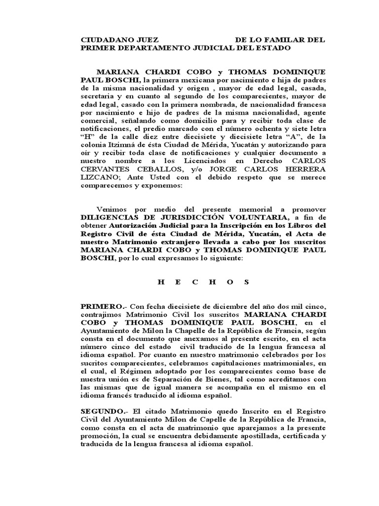 Inscripcion de Acta de MATRIMONIO Lengua española