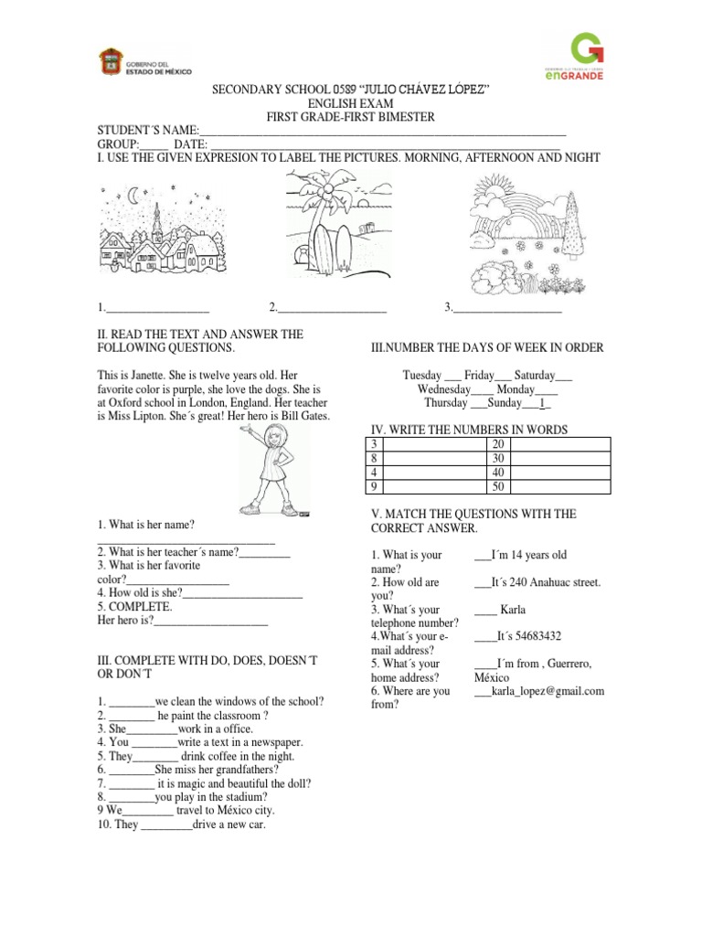 Examen de Inglés Primer Grado Secundaria PDF