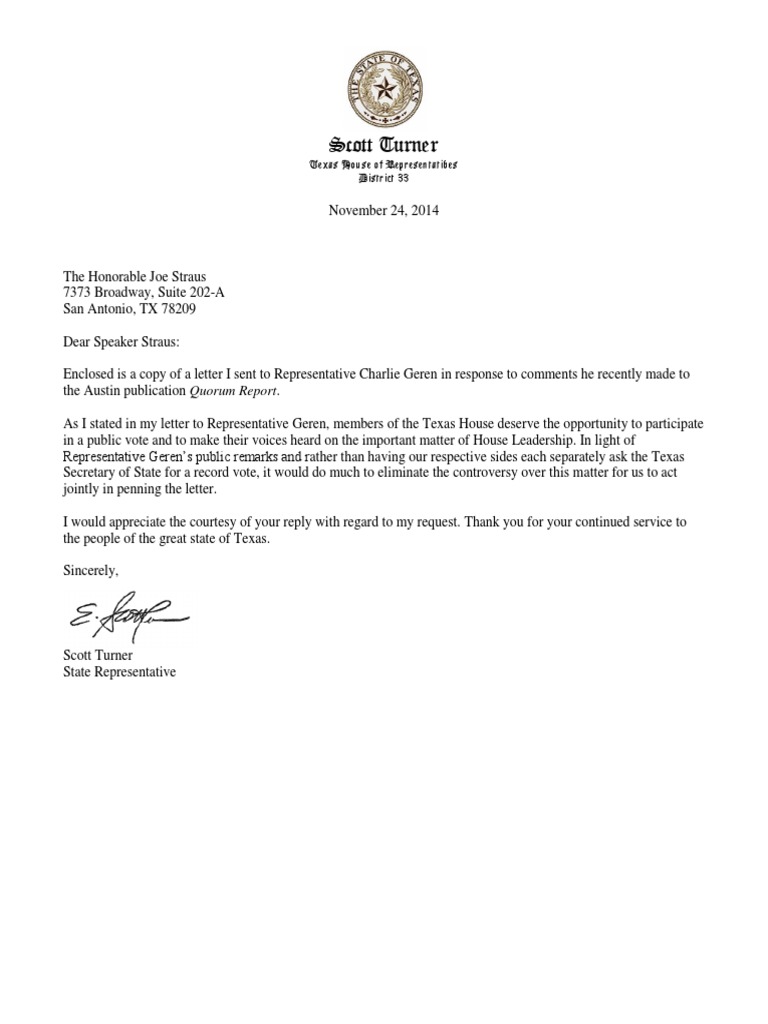 Letter To Speaker Straus Regarding Record Vote Speaker Of The United States House Of