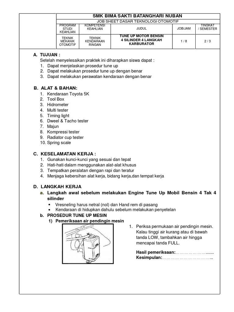 Job Sheet Tune Up Motor Bensin 4 Tak 4 Silinder