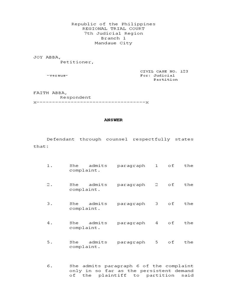 Example form for Partition (Answer) Lawsuit Complaint