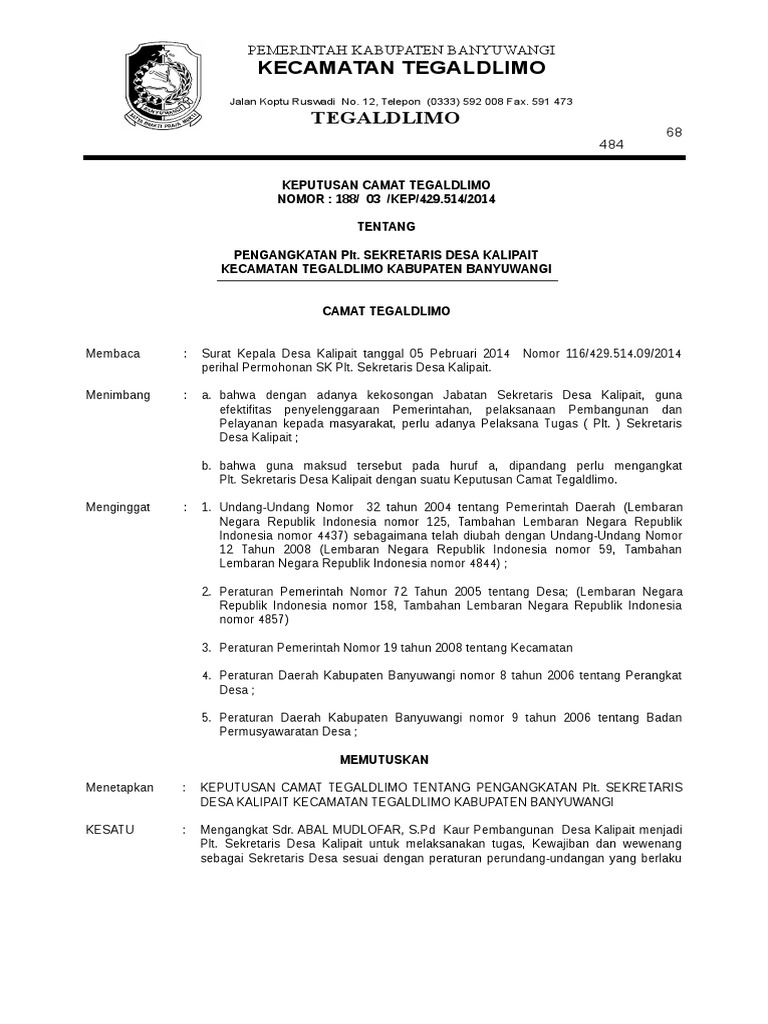 Sk Camat Tegaldlimo Tentang Pengangkatan Lt Sekdes Kalipait