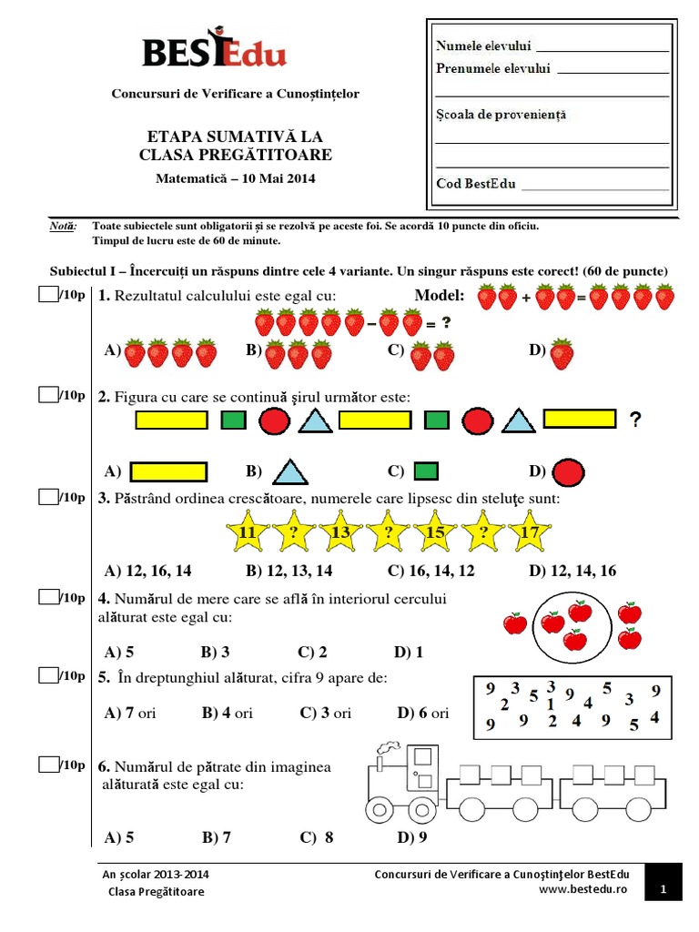 Subiect Bestedu Matematica Clasa Pregatitoare