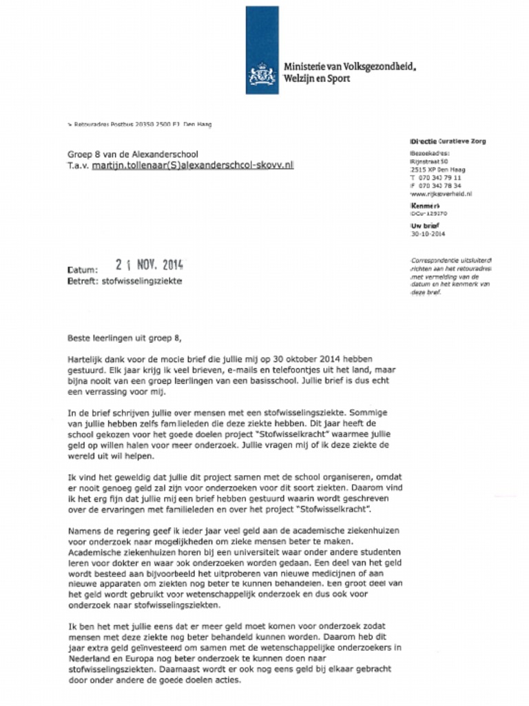 Brief Ministerie van Volksgezondheid Brief Ministerie van Volksgezondheid