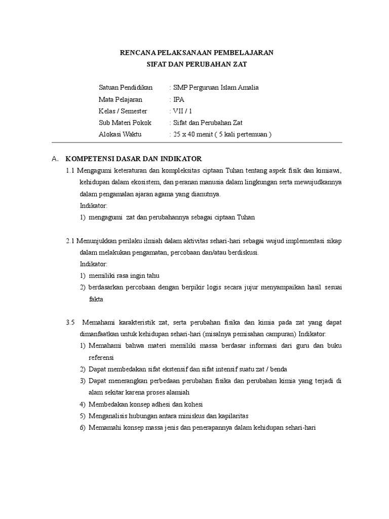 Rpp Vii Bab 5 Sifat Zat Dan Perubahan Zat Doc