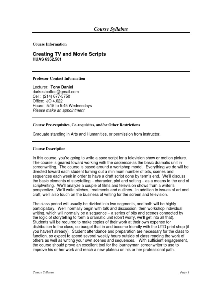 Screenwriting Course Syllabus | PDF | Screenplay | Academic Dishonesty