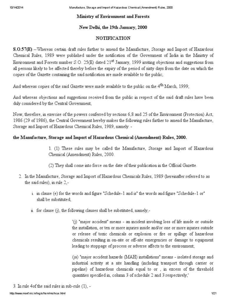 Manufacture, Storage and Import of Hazardous Chemical (Amendment) Rules
