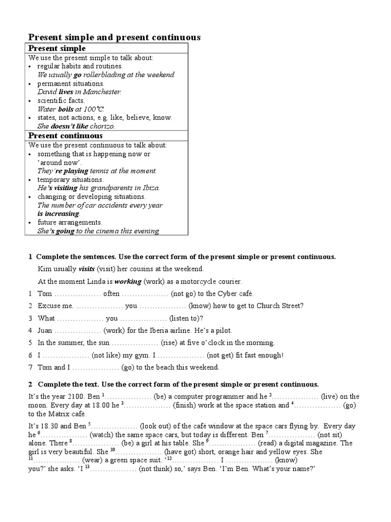 Present Simple vs. Present Continuous Exercises | PDF | Leisure