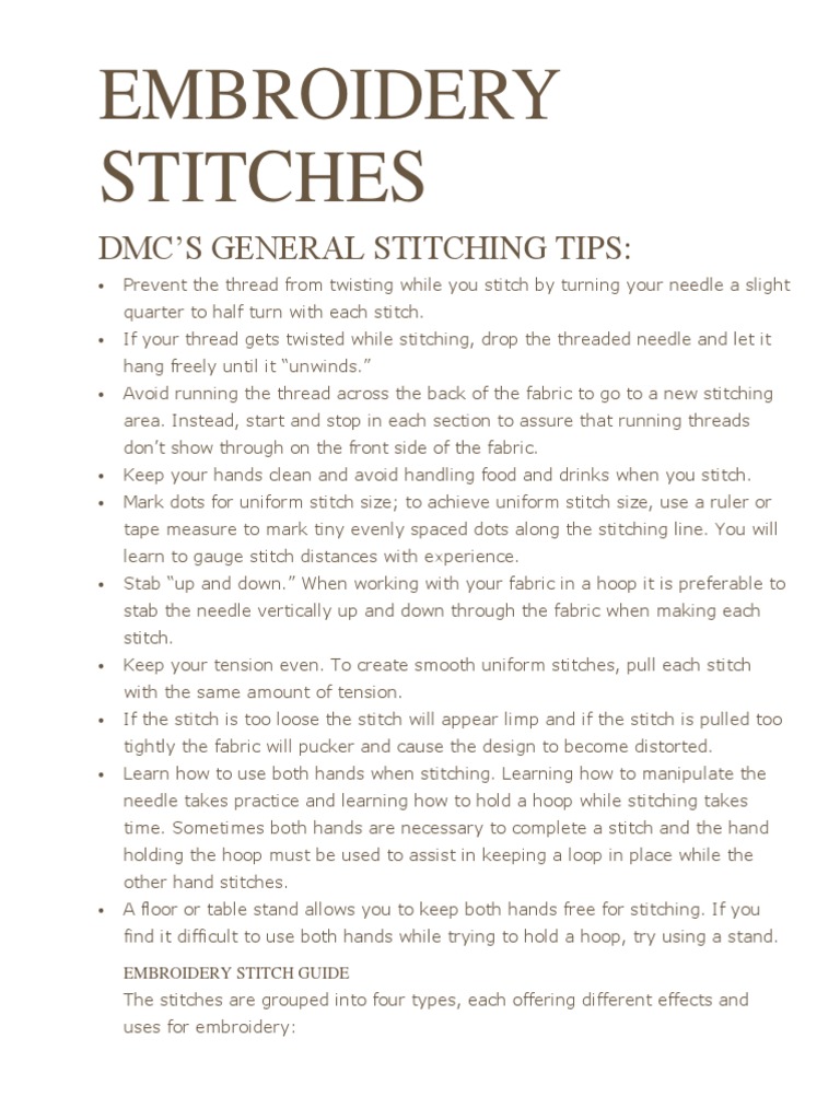 DMC Handout On Embroidery Stitches PDF Embroidery Surgical Suture