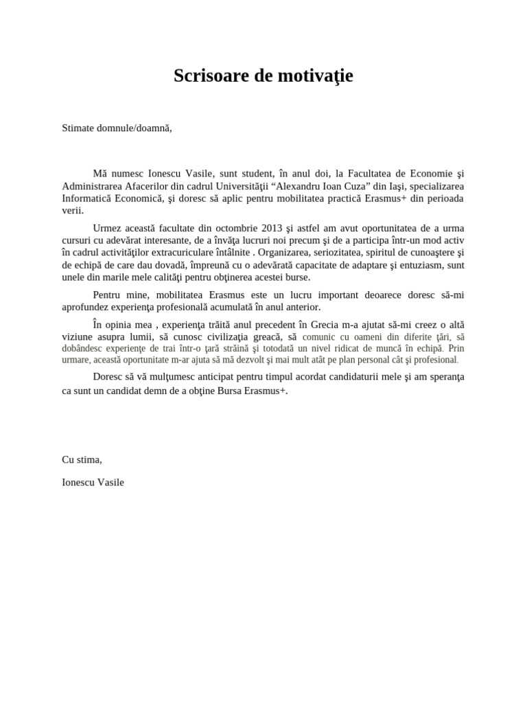 Scrisoare de Intentie Erasmus ( exemplu)
