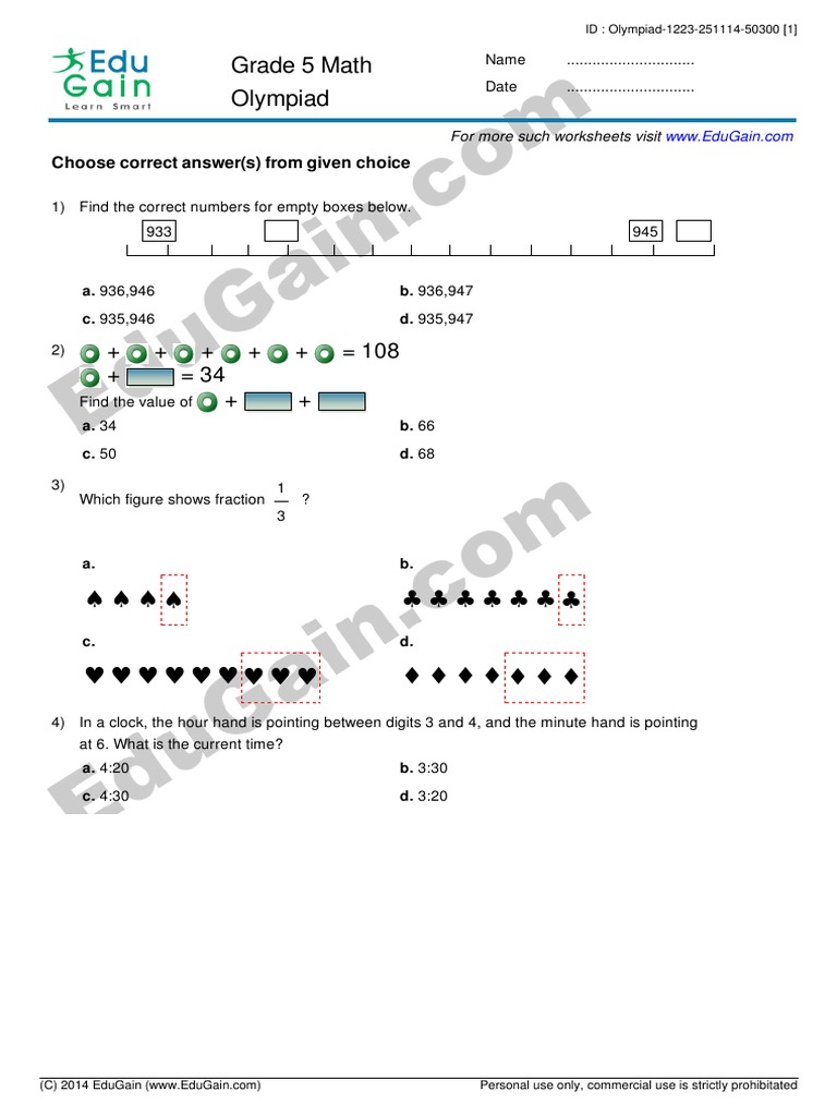 IMO (Math Olympiad) Sample Practice Paper for Class 5 by EduGain