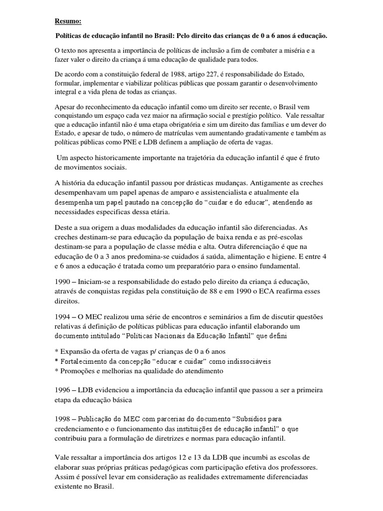 Resumo - Pelo Direito Das Crianças de 0 A 6 Anos Á Educação. | PDF ...