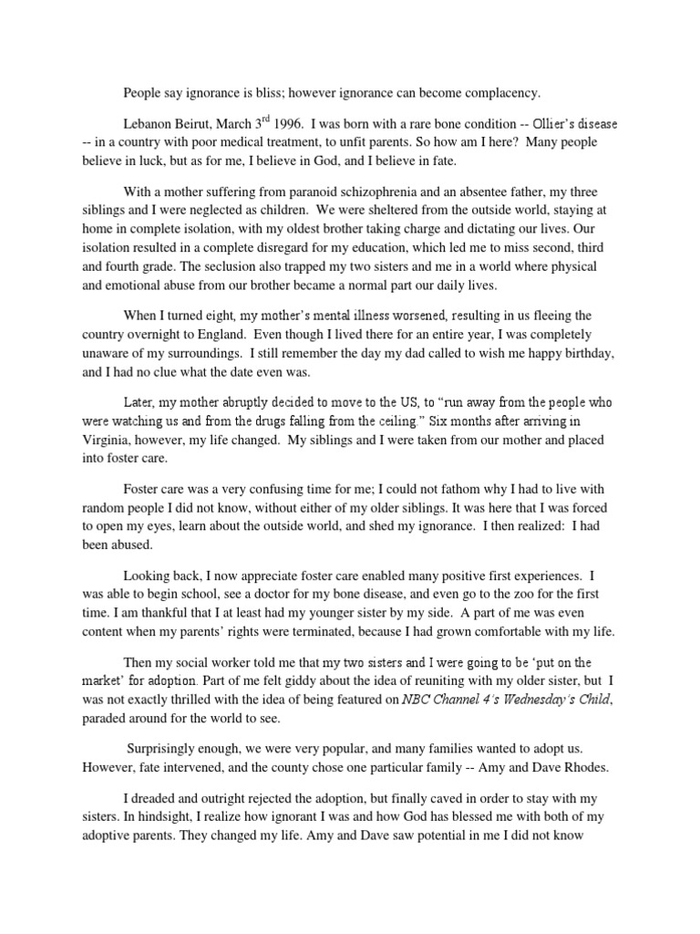 Tala Rhodes College Essay - Final | PDF | Adoption | Sibling