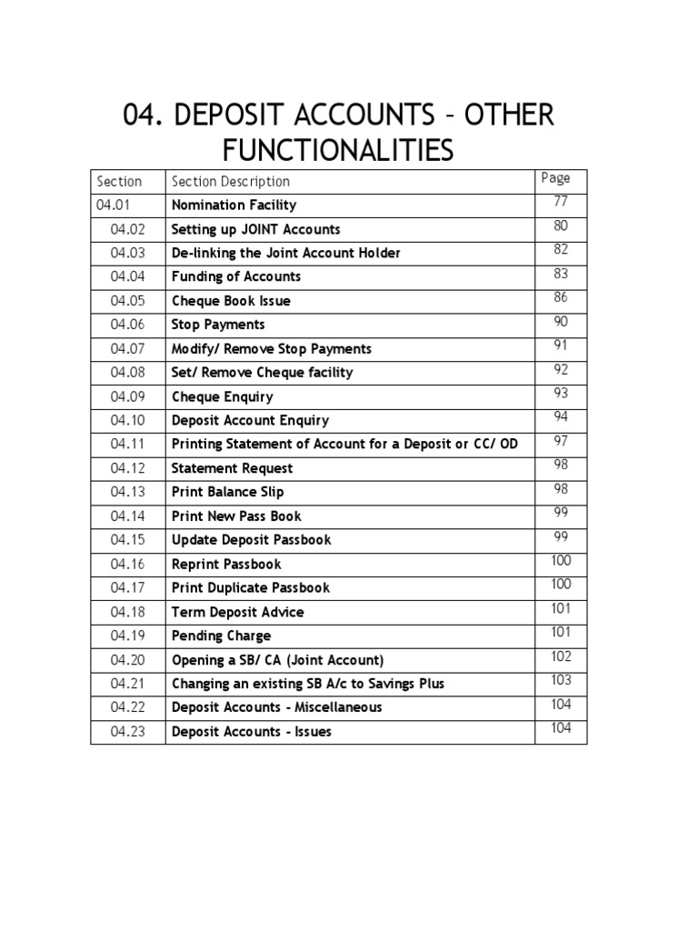 Deposit Accounts: Key Functionalities | PDF | Passbook | Cheque