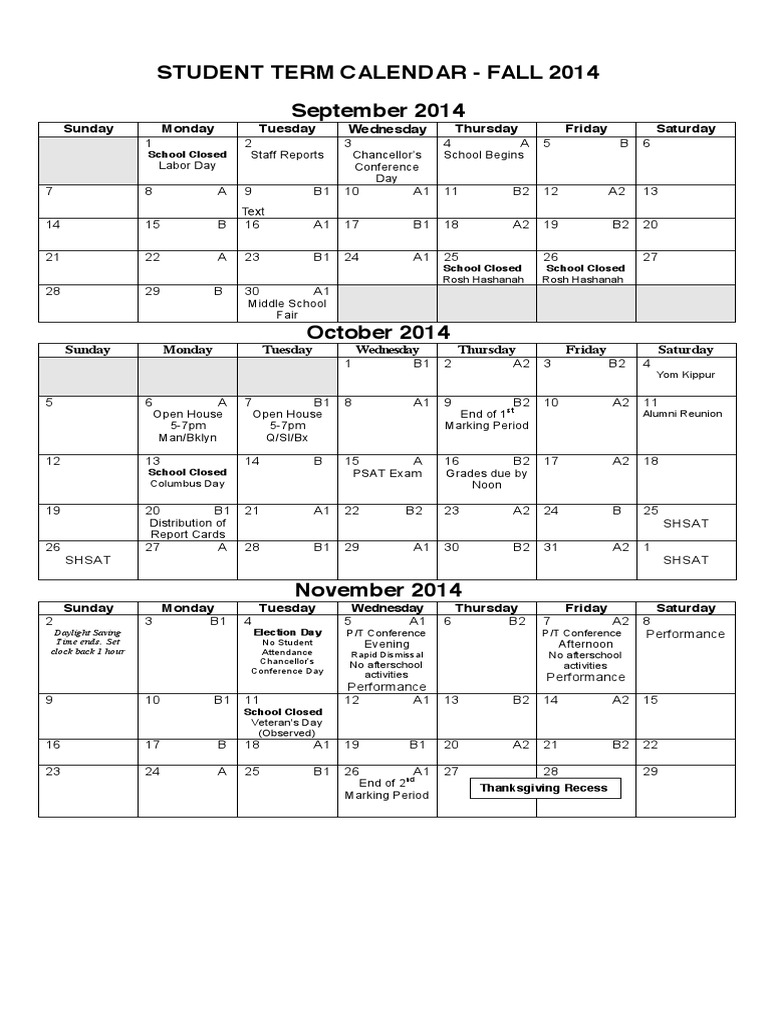 Fall 2014 Student Term Calendar | PDF