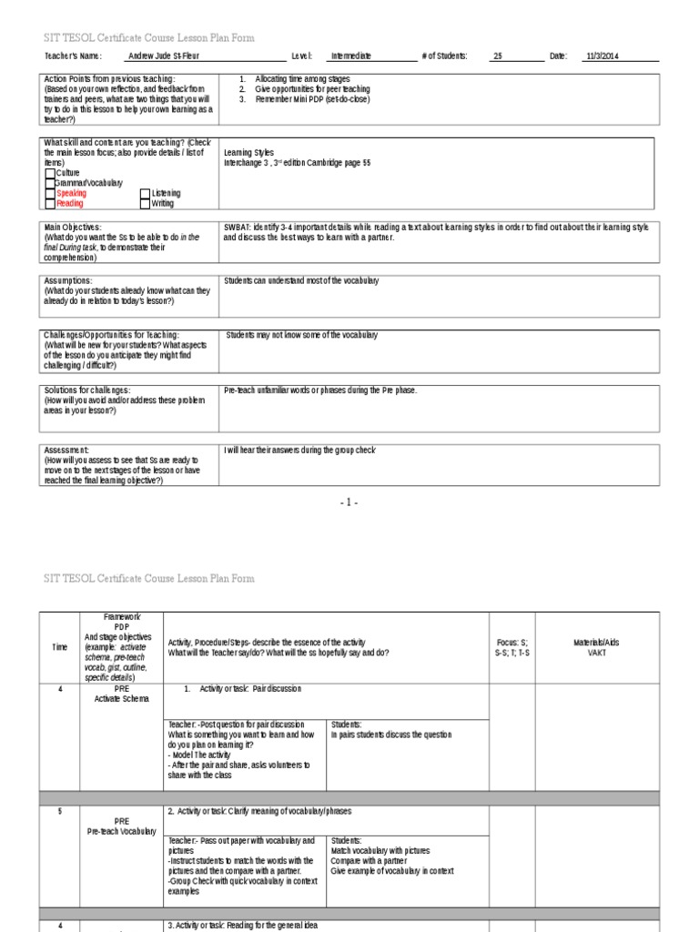 Intermediate Reading Lesson Plan | PDF | Lesson Plan | Reading ...