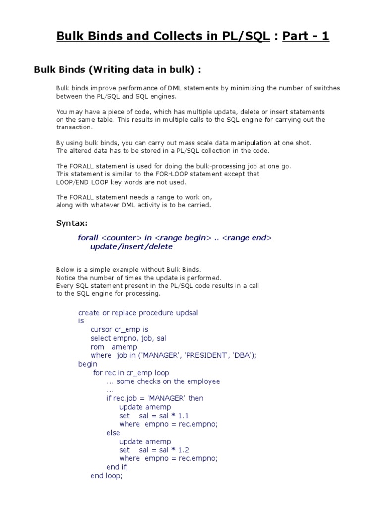 Bulk binds and collects in plsql pdf pl sql sql