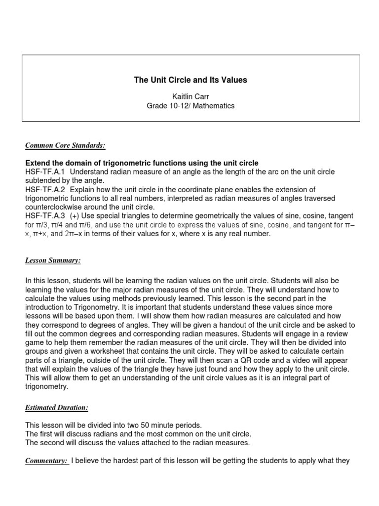 Unit Circle Lesson Plan PDF Trigonometric Functions Circle