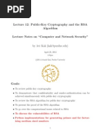 Lecture 12: Public-Key Cryptography and The RSA Algorithm Lecture Notes On "Computer and Network Security"