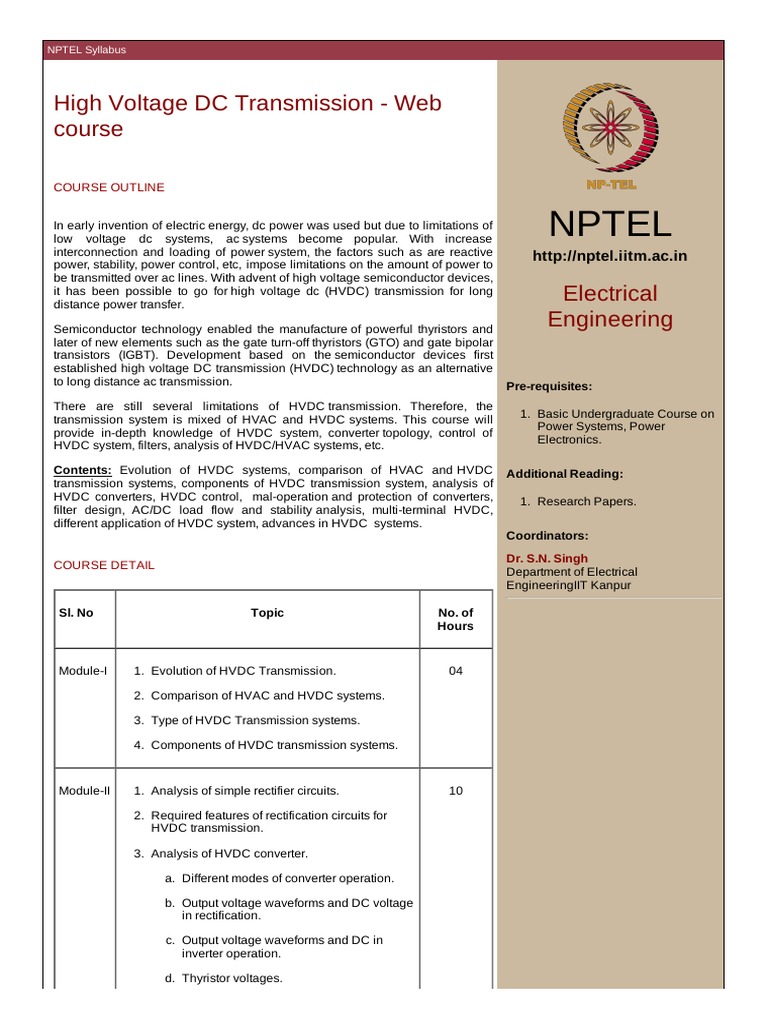 Nptel High Voltage DC Transmission  Course PDF High Voltage