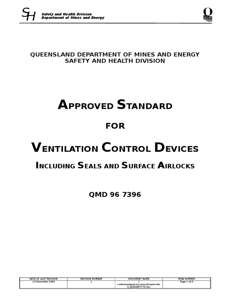 Approved Standard for Ventilation Control Devices Including Seals and