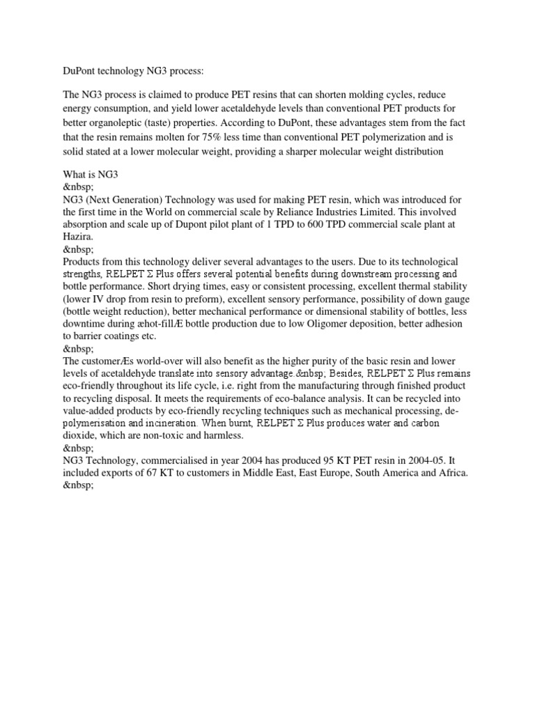 DuPont NG3 Process for PET Resins | PDF | Technology & Engineering