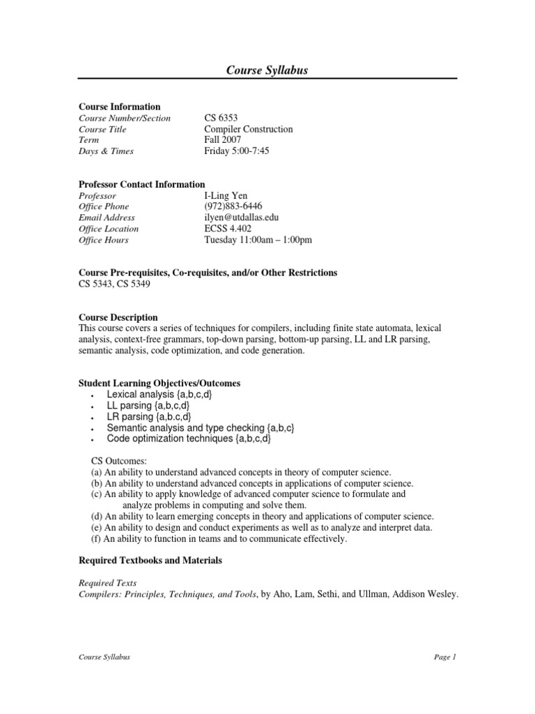 Compiler Construction Course Syllabus | PDF | Academic Dishonesty | Parsing