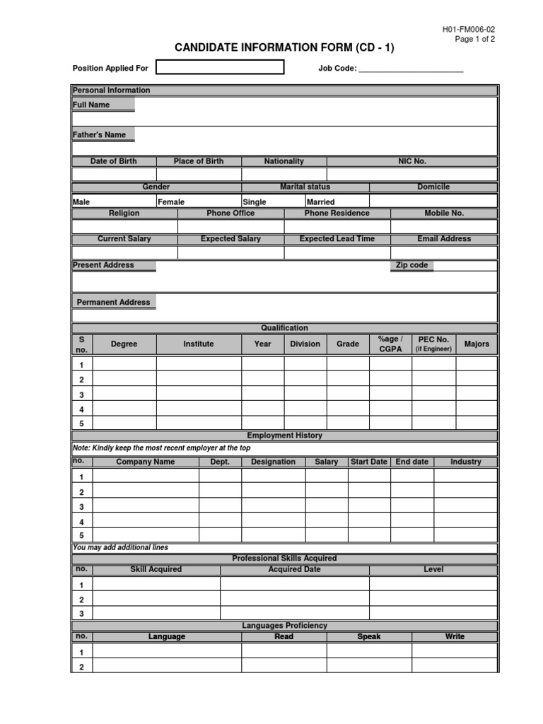 Candidate Information Form | PDF