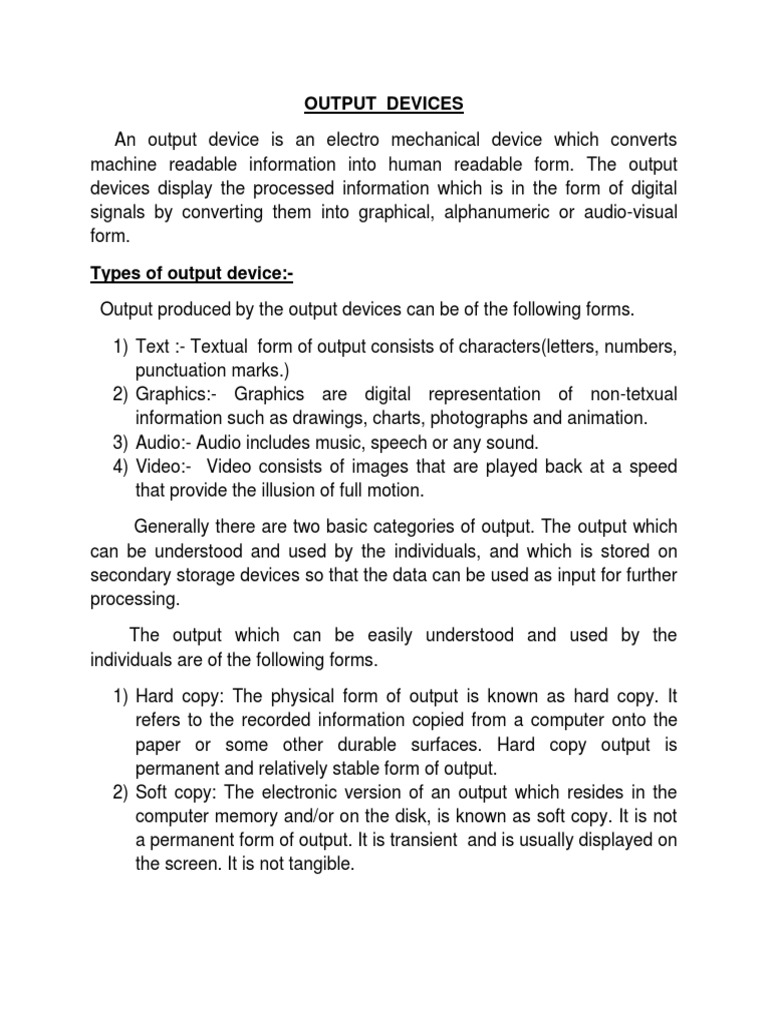 Output Devices Explained | PDF | Computer Terminal | Printer (Computing)