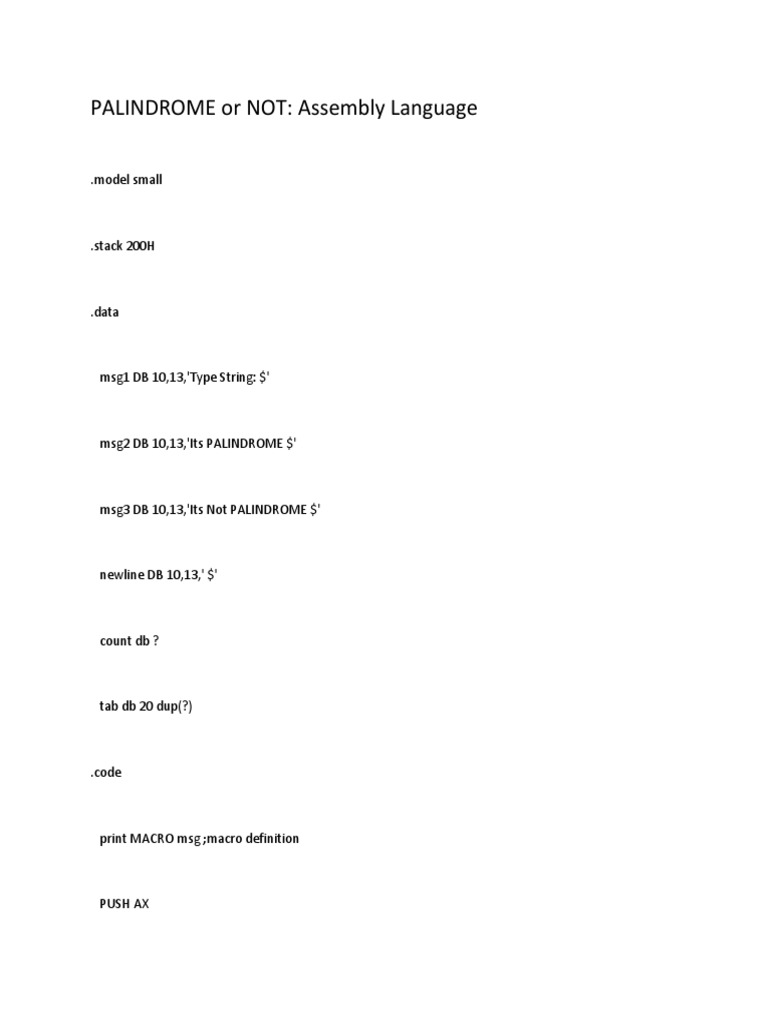 Assembly Language Palindrome Check | PDF | Teaching Methods & Materials