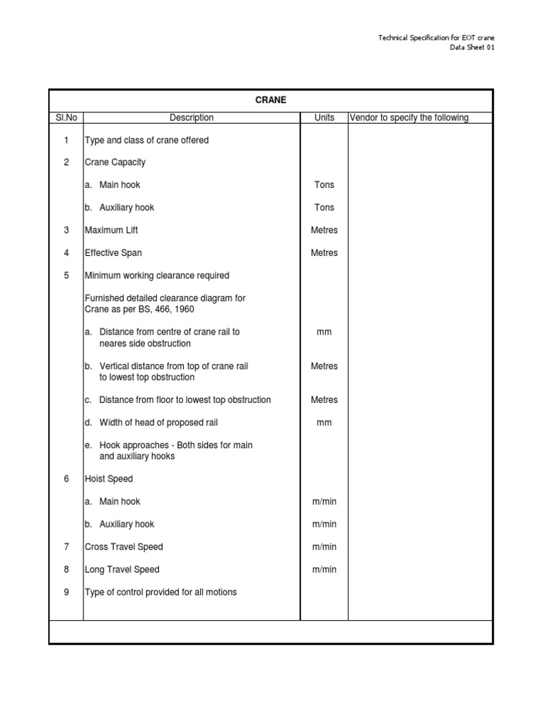 Crane: Technical Specification For EOT Crane Data Sheet 01 | PDF ...