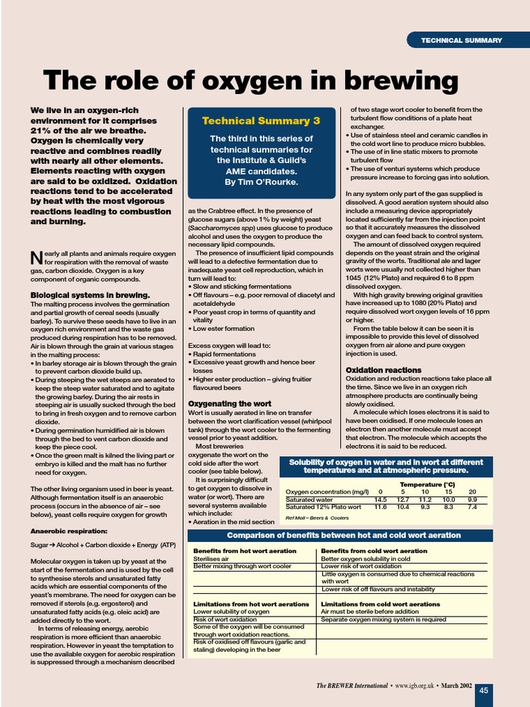 The Role of Oxygen in Brewing Technical Summary 3 PDF Brewing Beer