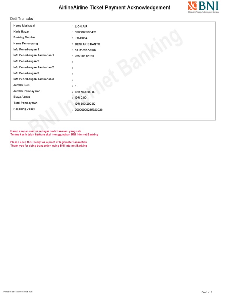 Airlineairline Ticket Payment Acknowledgement: Detil Transaksi | PDF ...