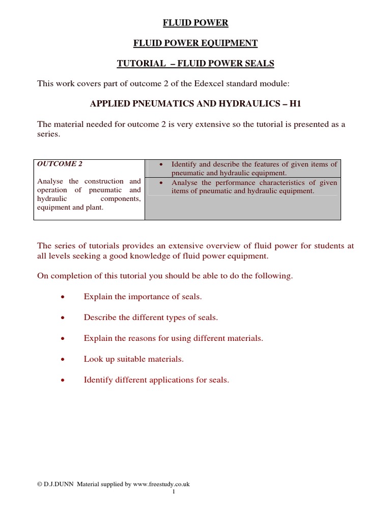 Applied Pneumatics and Hydraulics H1 This Work Covers Part of 2 of The Edexcel