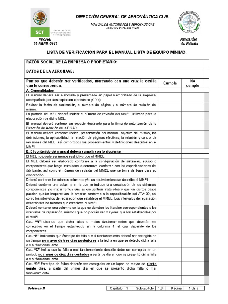 Checklist para el Manual MEL en Aviación | PDF | Aeronave | Ingeniería ...
