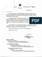 Letter For Mr. Ryan Tejero Dated 12 November 2014 From Philippine Embassy Budapest, Hungary