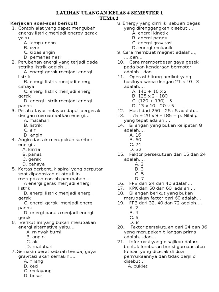 Soal Uts Kelas 4 Smtr 1 Tema 2