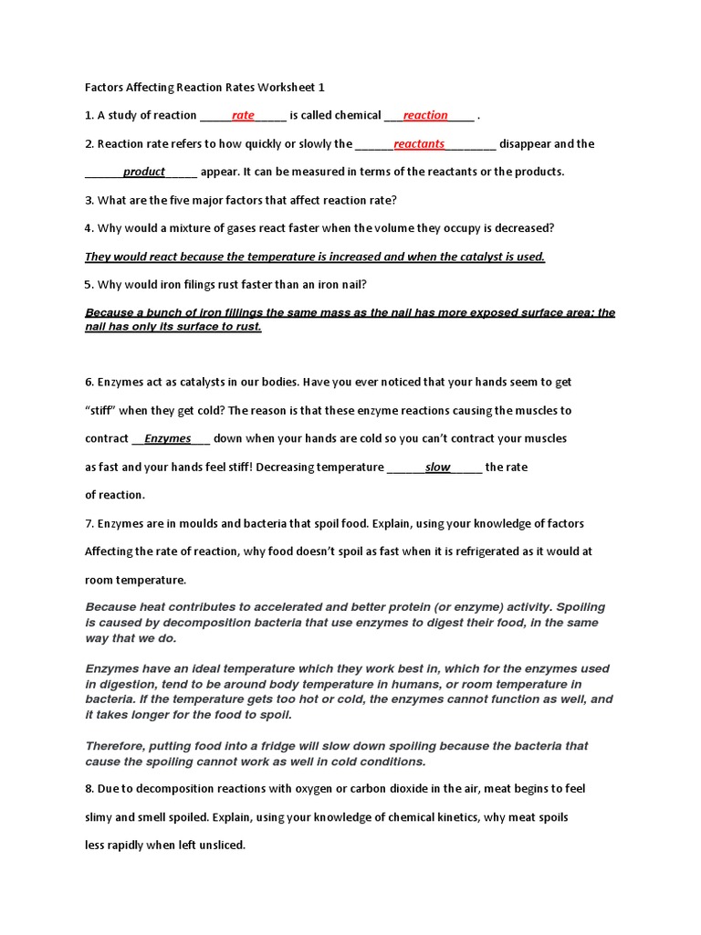 Factors Affecting Reaction Rates Worksheet 1 Reaction Rate Chemical Reactions