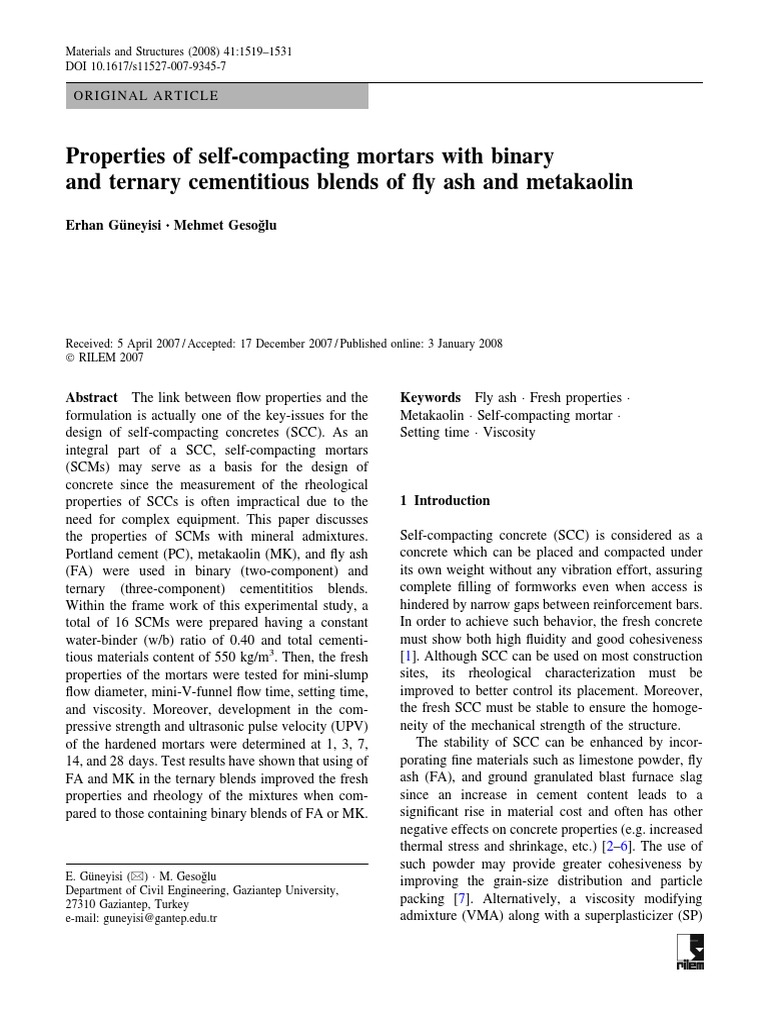 Self-Compacting Mortars with Fly Ash & Metakaolin | PDF | Fly Ash ...