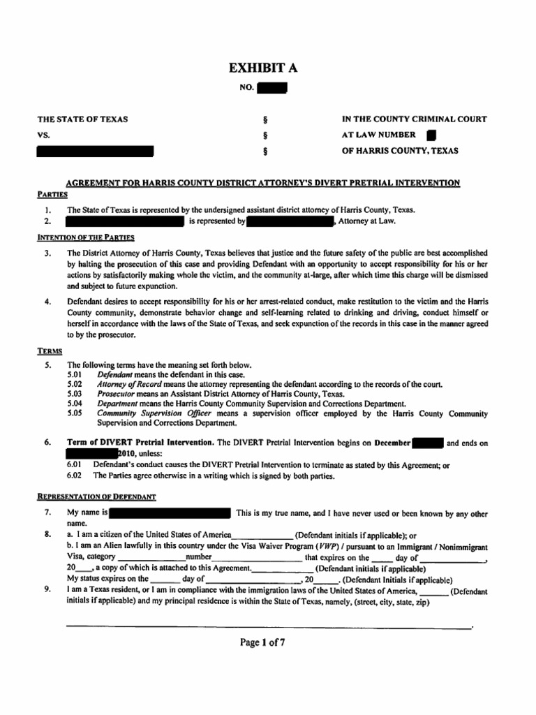 Harris County DWI Divert Pretrial Agreement | PDF | Plea | Bail
