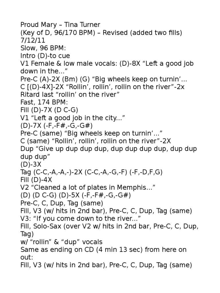 Proud Mary by Turners BPM KEY CHORDS