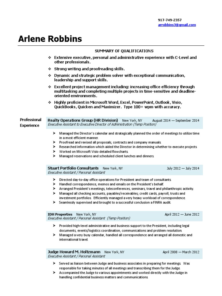 Executive Personal Administrative Assistant In New York NY Resume