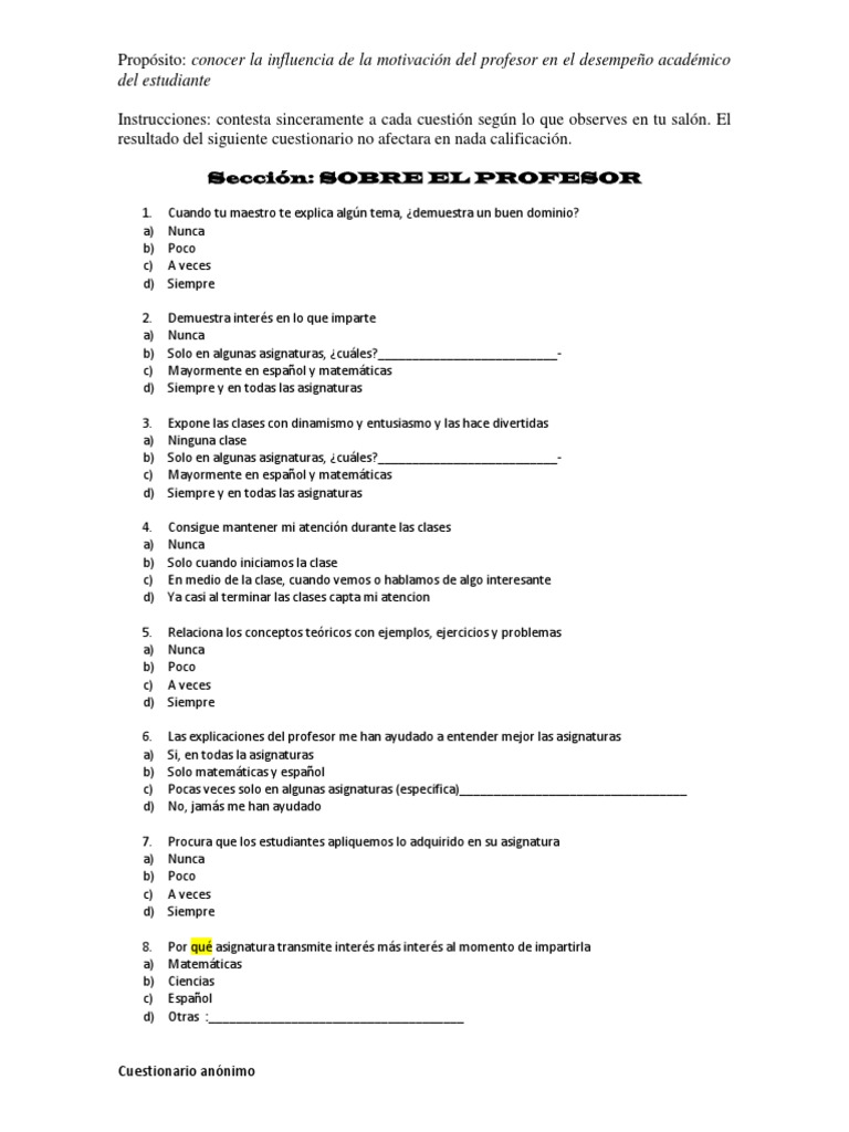 Cuestionarios Para Los Alumnos Cuestionario Maestros