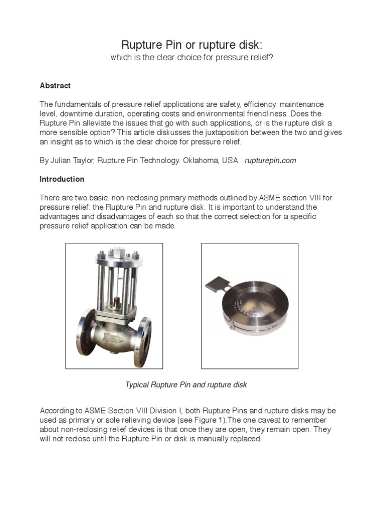 Rupture Pin or rupture disk Valve Fracture