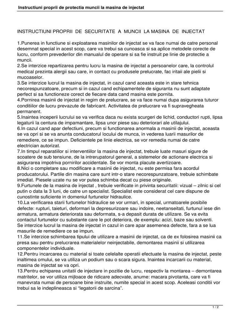 Instructiuni Proprii de Protectia Muncii La Masina de Injectat PDF | PDF