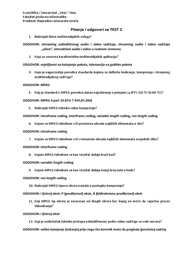 Pitanja I Odgovori Za Test 2 - Napredne Racunarske Mreze-Libre | PDF