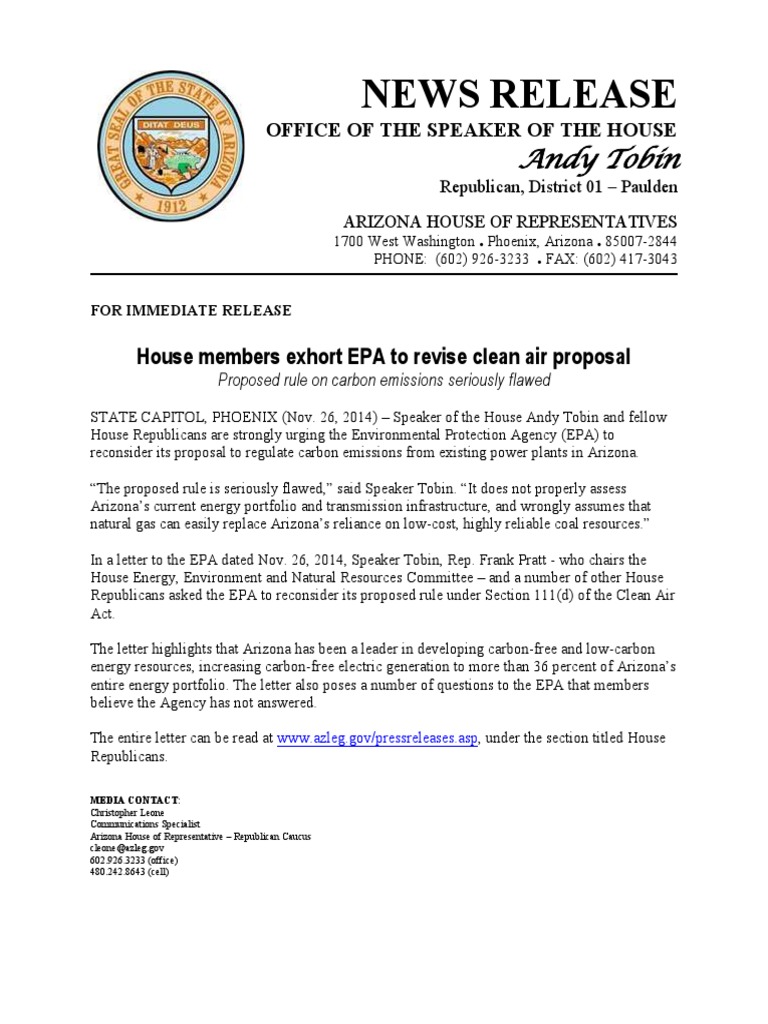 Arizona House Urges EPA to Revise Emissions Rule | PDF