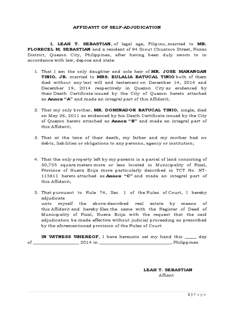 Affidavit of Self-Adjudication Sample | PDF