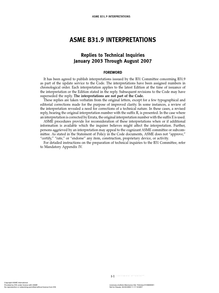 Asme b31 9 07 interpretations pdf pipe fluid conveyance committee