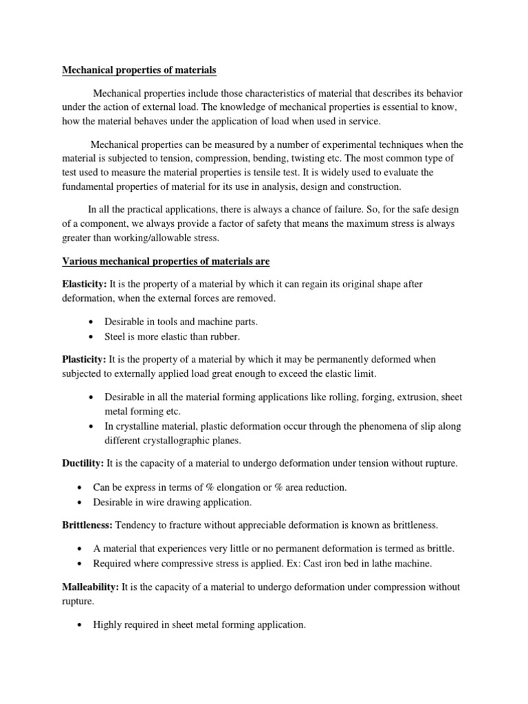 Key Mechanical Properties of Materials | PDF | Deformation (Engineering ...